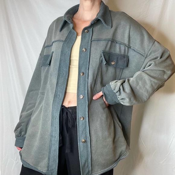 Pol French terry oversized shacket jacket green button front vintage wash faded - Picture 9 of 16